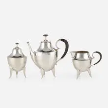 Three-piece tea service by Josef Hoffmann, c. 1920, hand-hammered silver, ebony, sold May 2021
