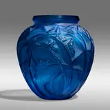 Sauterelles vase by René Lalique, c. 1912, frosted and polished electric blue glass, sold May 2021