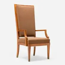 André Arbus, Tall-back armchair, c. 1940, walnut, upholstery, brass
