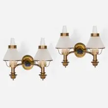 Modern, Sconces, pair, c. 1950, gilt and painted brass, frosted glass