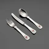 Georg Jensen, 75 Year Jubilee child's flatware service, 1904 / 1979, sterling silver, stainless steel, carnelian cabochon