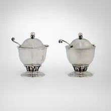 Louvre mustard pots with spoons model 180, pair by Georg Jensen, sterling silver, glass, sold Jan 2025