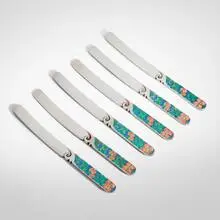 Bernard Instone, George V butter knives, set of six, enameled silver