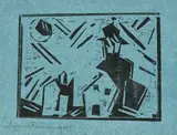 Lyonel Feininger, Rathaus und Neumond, 1918, Holzschnitt auf blauem Seidenpapier