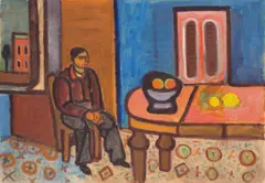 Werner Gilles, Interieur mit sitzendem Mann, Um 1945, Öl auf Papier, auf Hartfaser