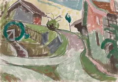 Anton Kerschbaumer, Straße in Gstadt (Straße mit Häusern und Treppe, Gstad am Chiemsee), Um 1922, Gouache auf festem Velin