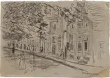 Max Liebermann, Straße in einer holländischen Stadt“ / „Rückseite einer Häuserreihe in Holland, Um 1890, Kreide, beidseitig, auf grauem Papier
