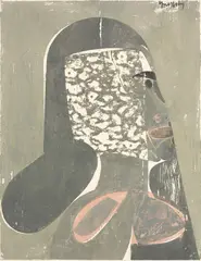 HAP Grieshaber, Portrait eines Fräuleins, 1960, Farbholzschnitt auf Karton