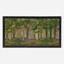 Addison LeBoutillier for Grueby Faience Company, The Pines tiles, set of two, c. 1906, glazed earthenware decorated in cuenca