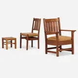 Gustav Stickley, Armchair and side chair, models 318 and 351 1/2, 1905-12, oak, suede leather, patinated brass