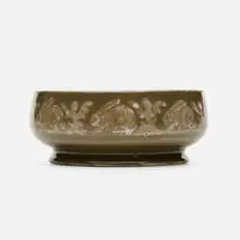 Early bowl with rabbits by Hugh C. Robertson for Dedham Pottery, 1898, glazed stoneware, sold May 2021
