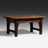 Early desk, model 409 by Gustav Stickley, c. 1902, oak, leather, iron, brass, sold May 2021