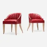 René Prou, Armchairs, pair, c. 1937, vinyl upholstery, cerused oak, cording, brass tacks