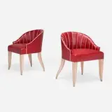 René Prou, Armchairs, pair, c. 1937, vinyl upholstery, cerused oak, cording, brass tacks