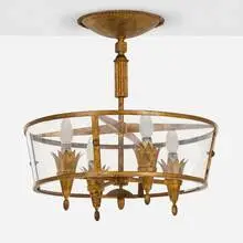 Gilbert Poillerat, Chandelier, c. 1945, gilt iron, plastic