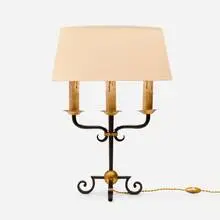 Gilbert Poillerat, Table lamp, c. 1950, wrought iron, gilt wrought iron, lacquered copper, linen shade