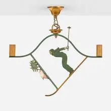 Swiss, Hanging lamp with skier, c. 1945, painted and gilt aluminum, brass
