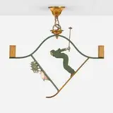 Swiss, Hanging lamp with skier, c. 1945, painted and gilt aluminum, brass