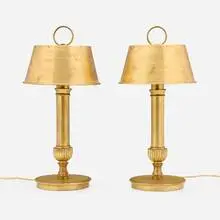 Table lamps, pair by Gilbert Poillerat, c. 1950, patinated bronze, brass, sold Jan 2025