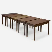 Raymond Subes, Work tables from the Banque Nationale de Paris, set of five, c. 1955, lacquered steel, brass