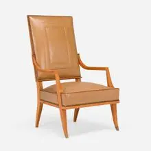 Armchair by attribution Lucien Rollin, c. 1940, leather upholstery, oak, bronze, sold Jan 2025
