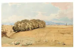 Albert Venus, Der Hain der Egeria bei Rom, Um 1866, Aquarell und Feder in Braun über Bleistift auf Papier