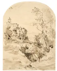 Friedrich Nerly d. Ä., Italienische Landschaft, Um 1830, Pinsel und Feder in Braun auf Papier (oben abgerundet)