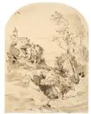 Friedrich Nerly d. Ä., Italienische Landschaft, Um 1830, Pinsel und Feder in Braun auf Papier (oben abgerundet)