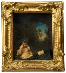 Christian Benjamin Rauschner, Weinendes Kind in einer Grotte, Um 1770, Wachs, bossiert; Hinterglasmalerei / Rokokorahmen, vergoldet
