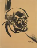 Max Pechstein, Fischerkopf I, 1912, Tuschpinsel auf braunem Papier, vom Künstler über gelbem Papier fest auf Karton montiert