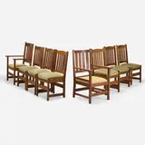 Dining chairs, assembled set of eight by Gustav Stickley and L. & J.G. Stickley, 1906-16, oak, upholstery, sold May 2021
