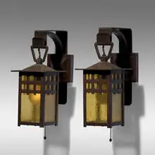 Lanterns model 830 variant, pair by Gustav Stickley, c. 1910, hammered copper, iron, hammered amber glass, sold May 2021