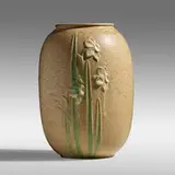 Rare multicolor vase with daffodils by Ruth Erickson for Grueby Faience Company, 1899-1910, glazed earthenware, sold May 2021