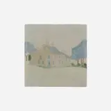 Trivet tile depicting the Flatiron House, Marblehead, MA by Marblehead Pottery, 1908-20, glazed earthenware, sold May 2021