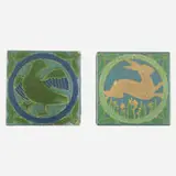 Rare trivet tiles with duck and rabbit by Grueby Faience Company, c. 1905, glazed earthenware decorated in cuenca, sold May 2021
