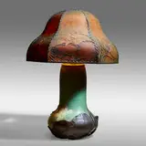 Rare and Important Modeled Mat lamp by Eliza C. Lawrence for Rookwood Pottery, 1902, glazed earthenware, patinated copper, painted metal, painted paper, linen stitching, sold May 2021