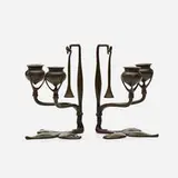 Fleur-de-Lis candleholders with snuffers, pair by Tiffany Studios, c. 1910, patinated bronze, sold May 2021