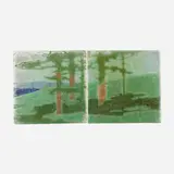 The Pines tiles, set of two by Addison LeBoutillier for Grueby Faience Company, c. 1906, glazed earthenware decorated in cuenca, sold May 2021