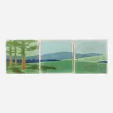The Pines tiles, set of three by Addison LeBoutillier for Grueby Faience Company, c. 1906, glazed earthenware decorated in cuenca, sold May 2021