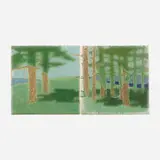 The Pines tiles, set of two by Addison LeBoutillier for Grueby Faience Company, c. 1906, glazed earthenware decorated in cuenca, sold May 2021