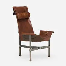 Brutalist, Lounge chair, c. 1965, patinated steel, saddle leather