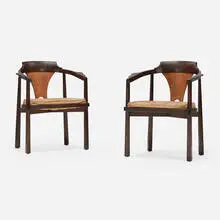 Armchairs model 935, pair by Edward Wormley, c. 1967, walnut, rosewood, upholstery, sold Jan 2025