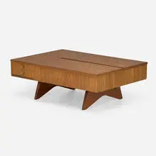 George Nakashima, Origins coffee table, model 272, East Indian laurel, walnut, brass