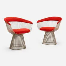 Lounge chairs, pair by Warren Platner, 1962, chrome-plated steel, upholstery, sold Jan 2025