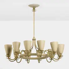 attribution Paavo Tynell, Chandelier, c. 1958, brass, enameled aluminum