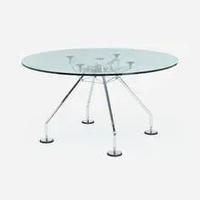 Norman Foster, Nomos dining table, 1987, glass, chrome-plated steel, aluminum, stainless steel, rubber, plastic