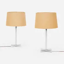 Gerald Thurston, Table lamps, pair, c. 1960, chrome-plated steel, enameled steel, burlap shade