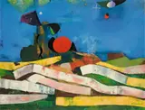 Ernst Fritsch, Sonne, Mond und Sterne erschüttern den Horiziont, 1960, Öl auf Leinwand, auf Hartfaser aufgezogen