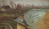 Paul Wilhelm Tubbecke, Blick über Häuser im Herbst, 1881, Öl auf Papier, auf Pappe aufgezogen