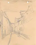 Lyonel Feininger, Kleine Straße mit Spaziergänger (Lüneburg?), 1922, Bleistift auf bräunlichem Papier